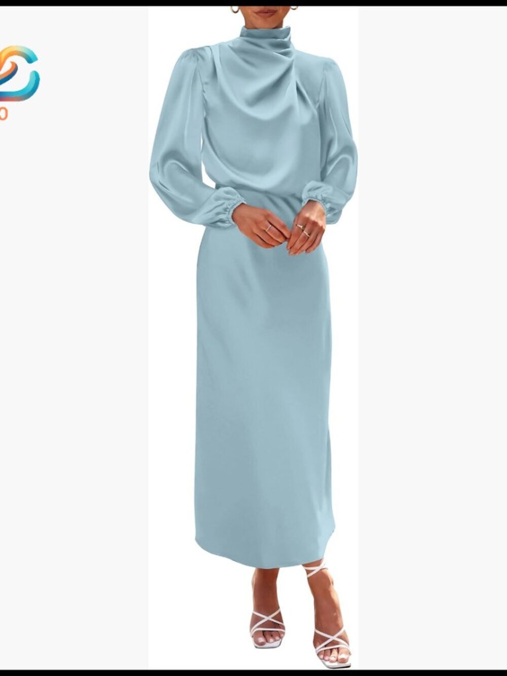 Long Sleeve Satin Formal Maxi Dress Mock Neck Wedding Party Cocktail